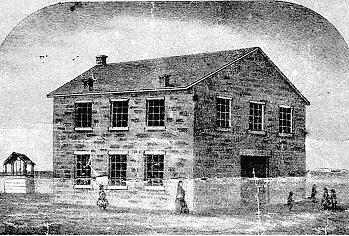 The Avenue School, built in 1857 at 9th and Poyntz. This image taken from an 1867 calender. Photo courtesy Riley County Historical Society